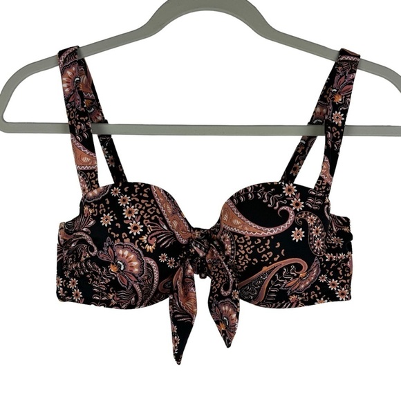 Shade & Shore Floral Paisley Bikini Top Women's 34B Front Knot Black Brown - Picture 7 of 10